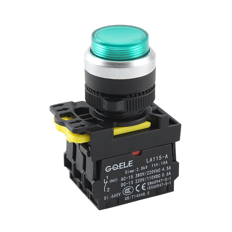 LA115-A5-11HTD 1NO + 1NC Botón pulsador de descarga extendido iluminado de alta calidad con cabeza verde redonda y luz verde