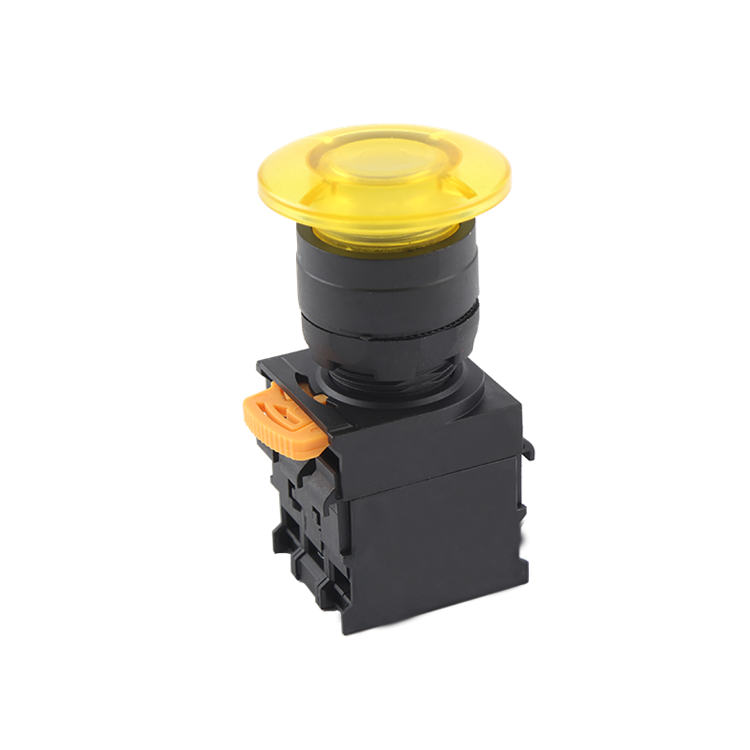 Botón pulsador de seta iluminado momentáneo amarillo LA115-N-11MD 1NO y 1NC con luz amarilla