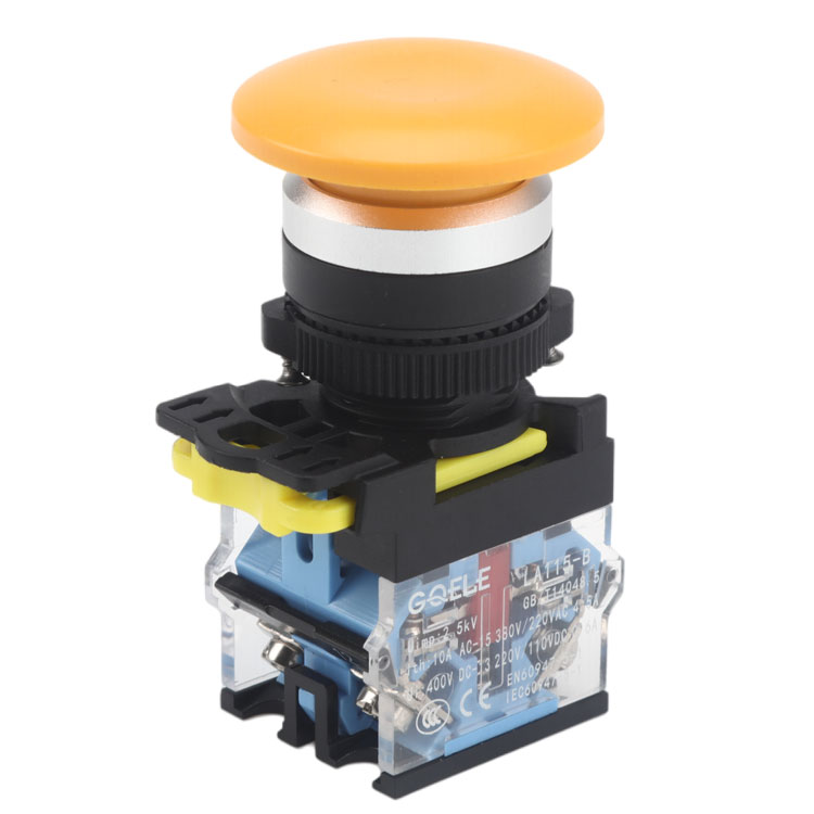 LA115-B5-11M Botón pulsador de seta de plástico momentáneo 1NO y 1NC de alta calidad con cabeza amarilla y sin iluminación