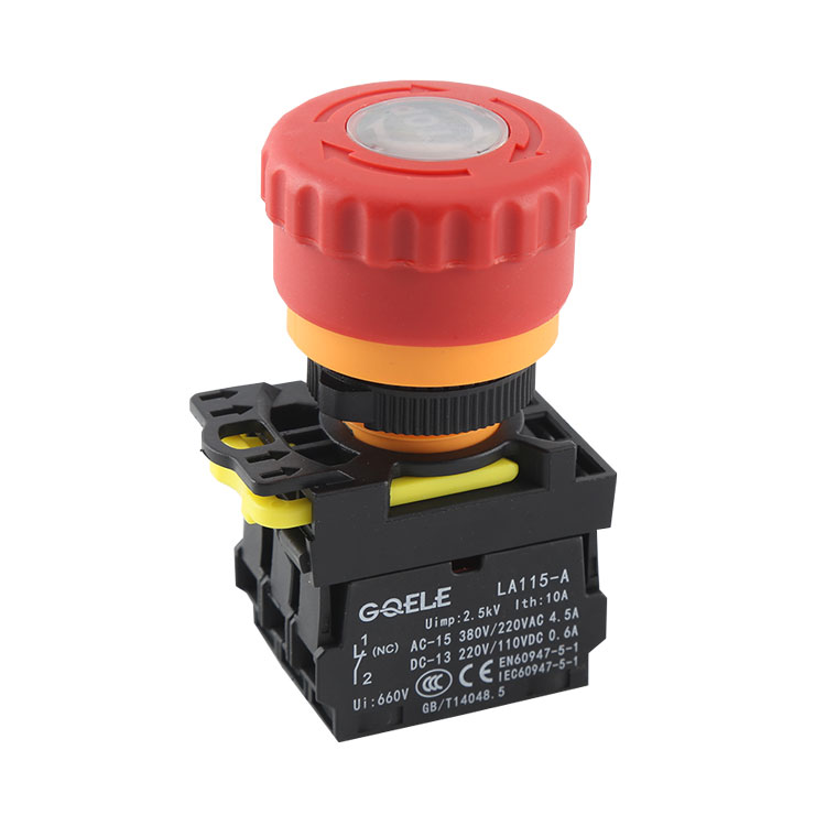 LA115-A5-11ZFD Botón pulsador de parada de emergencia de liberación por giro 1NO y 1NC con cabeza en forma de seta roja, símbolo e iluminación