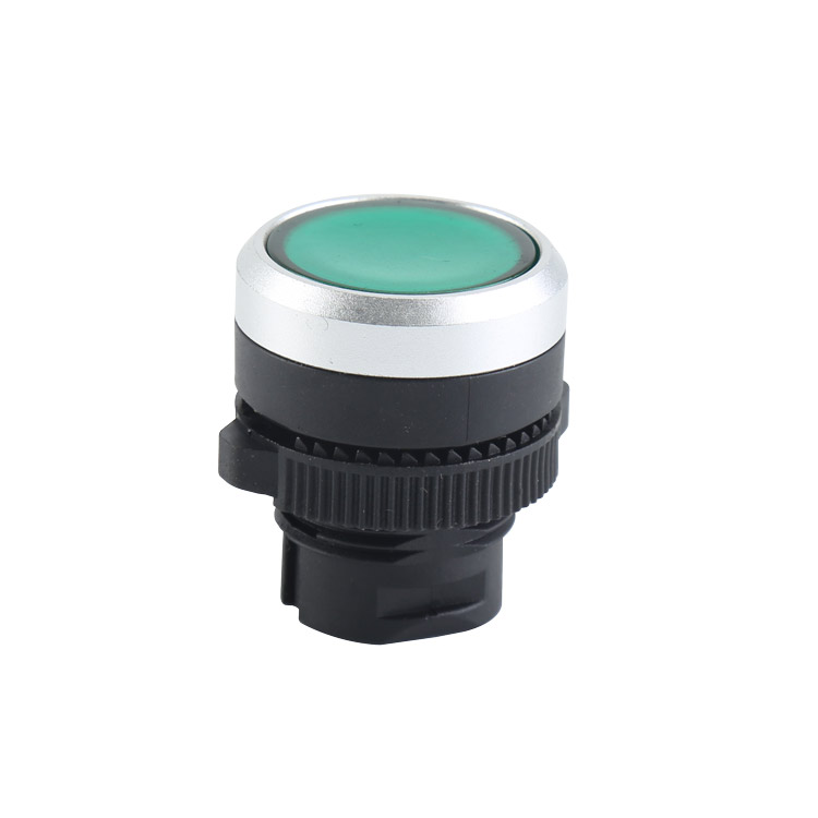 LA115-5-D Runder, beleuchteter, bündiger Drucktastenkopf aus grünem Kunststoff mit grünem Licht