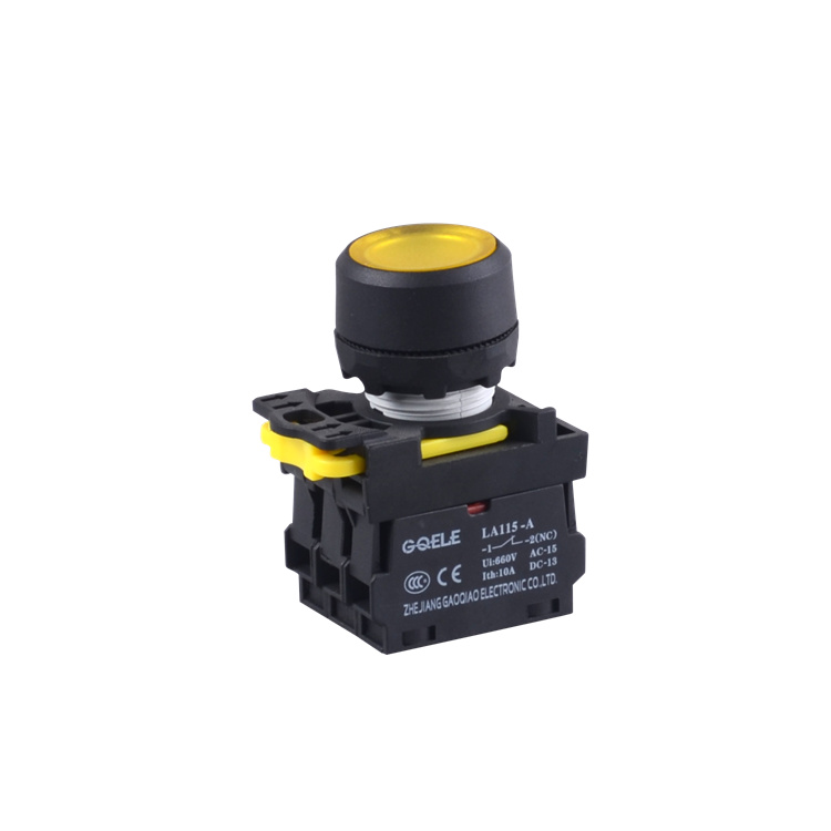 LA115-A1-11D 高品質 1NO & 1NC モメンタリ プラスチック フラッシュ プッシュ ボタン、丸頭と黄色のライト付き
