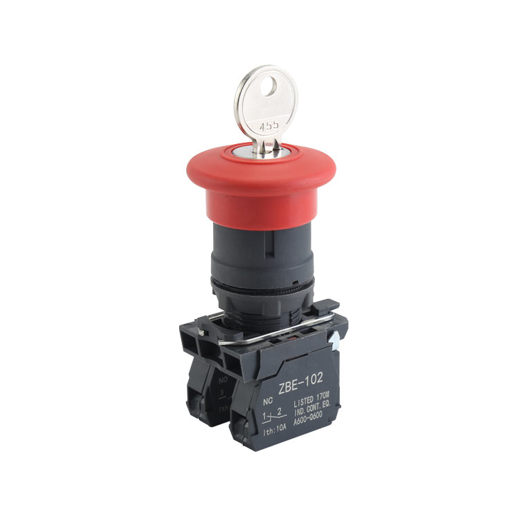 Interruptor de botón de plástico de parada de emergencia con control de llave roja 1NO y 1NC de alta calidad con cabeza en forma de seta Φ40 y liberación giratoria de llave