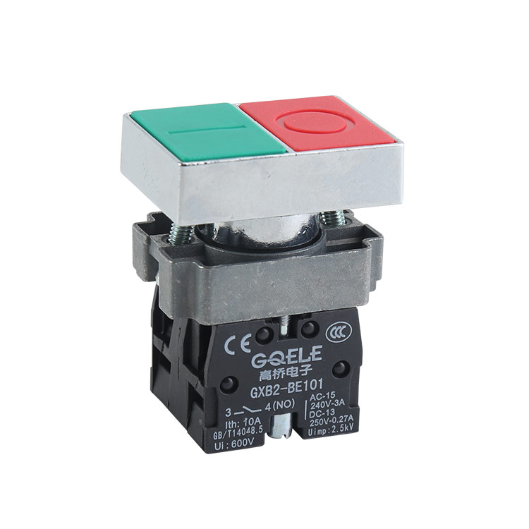 GXB2-BL8434 1NO & 1NC デュアル/ダブル制御ヘッドプッシュボタンスイッチ、緑と赤の拡張およびマーク付きヘッド、ライトなし